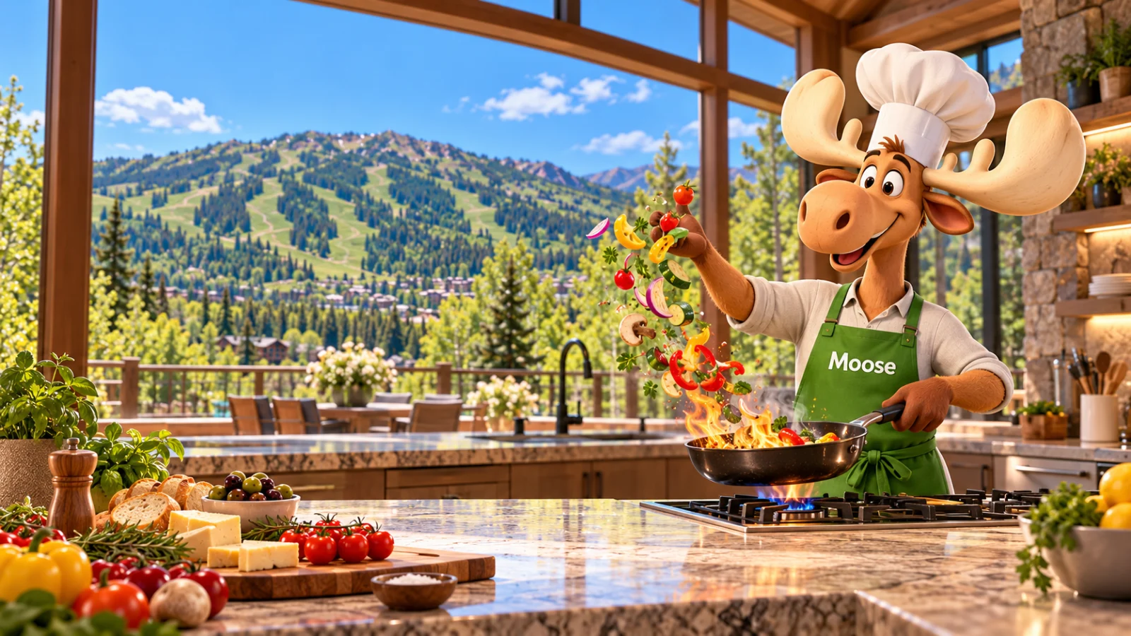 Patrick Moose, the Moose Management mascot, as a private chef tossing vegetables in a sizzling pan in a bright Park City mountain home kitchen with summer ski runs outside